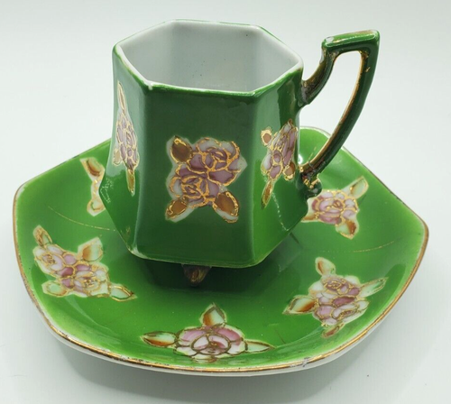 Made In Japan Miniatur drei Fuß grün und gold Teetasse und Untertasse Vintage - Bild 6 von 13