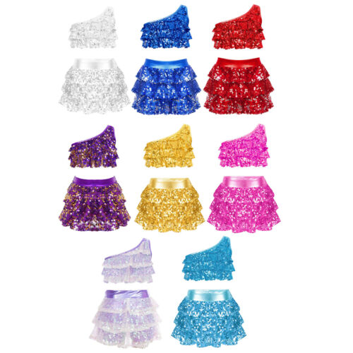 Girls Sequins 2 Piece Dance Outfit Crop Top with Skirt Samba Rumba Jazz Latin - Picture 2 of 62