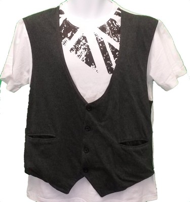 Men's White T-Shirt Short Sleeve with a Gray Vest Sewn-In 100% Cotton: Large | eBay