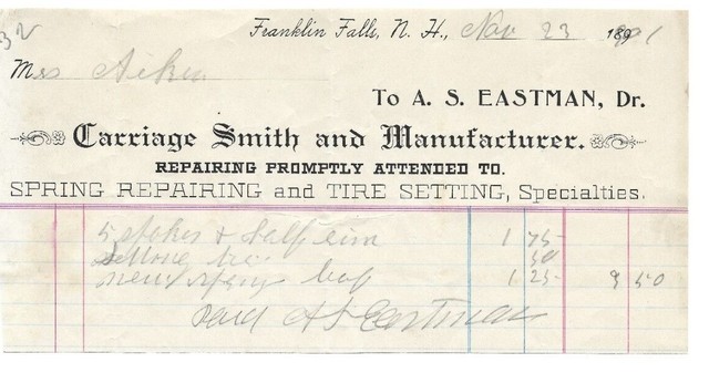 A S Eastman Franklin Falls NH 1901 Billhead Carriage Smith Spring Repairs A S Eastman Franklin Falls NH 1901 Billhead Carriage Smith Spring Repairs