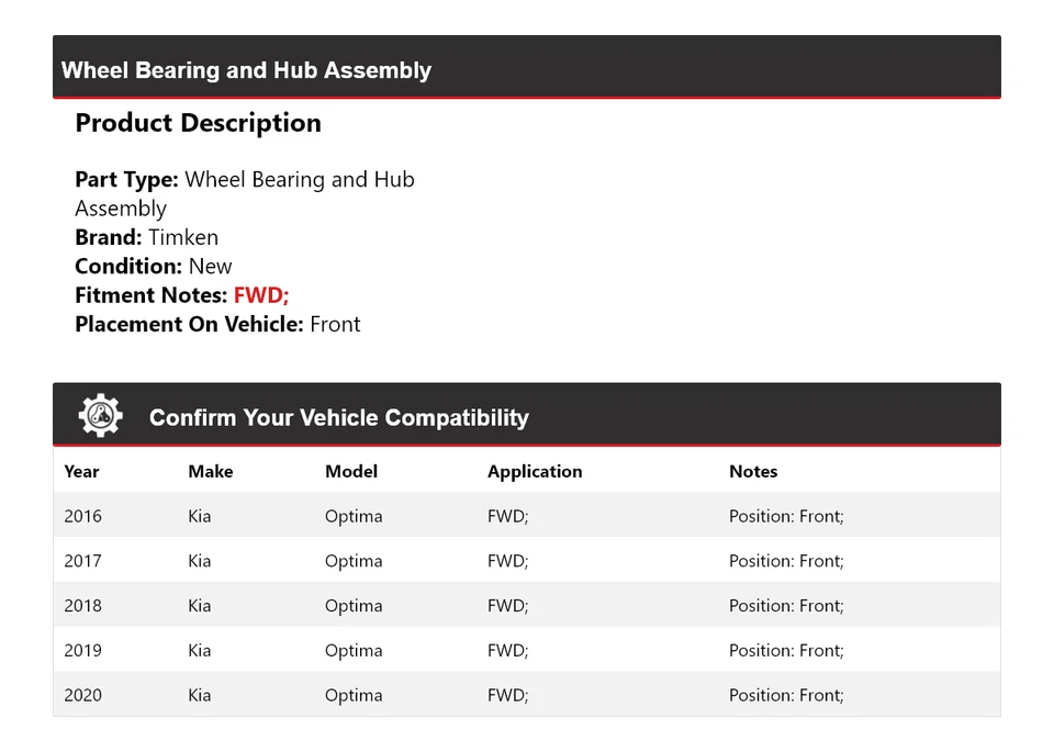 Conjunto de cojinete de rueda y buje delantero Timken 2017 para Kia Optima 2016-2020 tracción delantera Foto 2 de 4