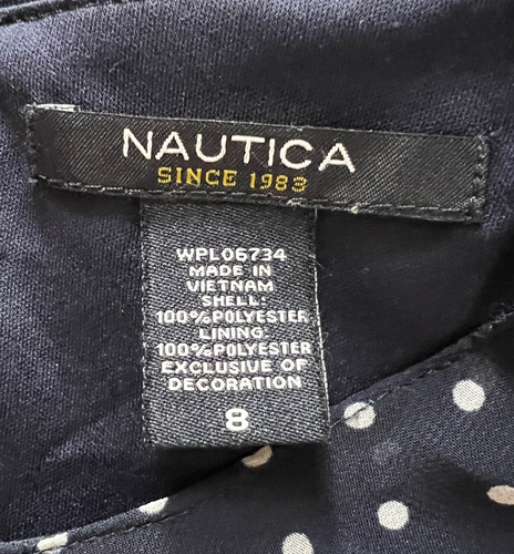 Nautica Dress Girl 8 Navy Blue White Polka Dot Shift Dress Ruffle Bottom Preppy - Picture 5 of 5