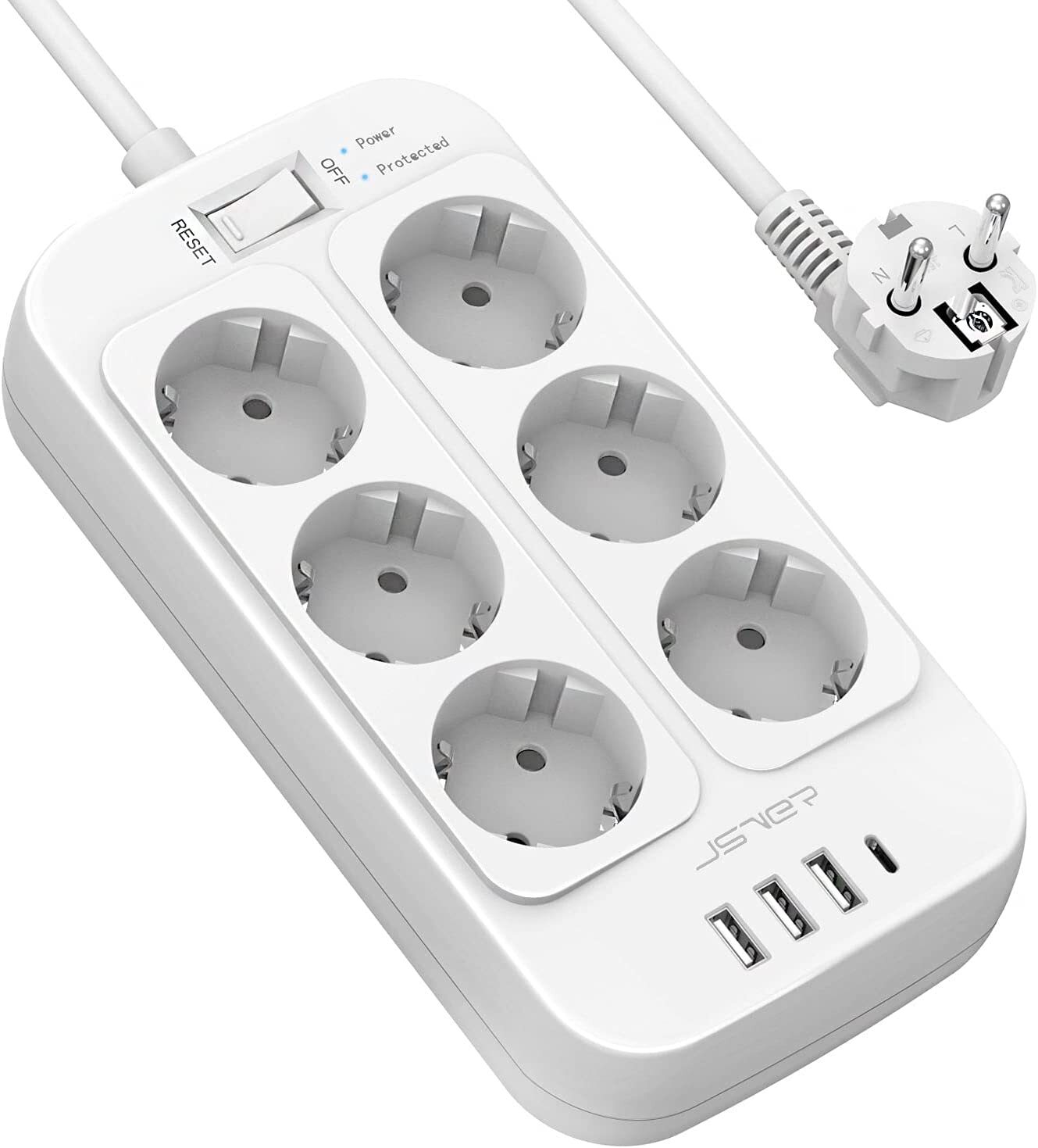 JSVER Regleta Enchufe,4 Puertos de USB(3 USB A+1 USB C) y 6...