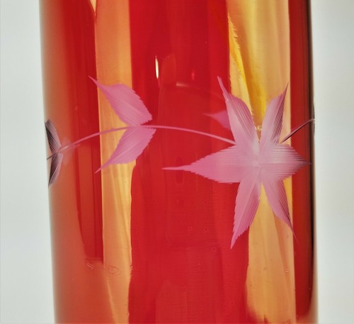 Vintage Cranberry Cut To Clear Art Glass Vase Simple Elegant Leaf Design 11" - Picture 3 of 12