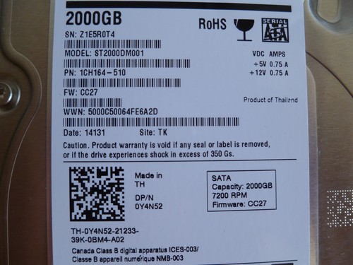 SEAGATE ST2000DM001 2TB SATA HARD DRIVE P/N:1CH164-510 F/W:CC27 - Picture 2 of 3