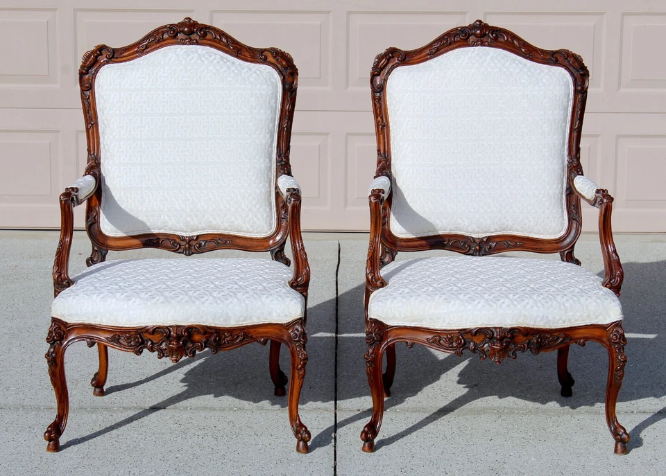 Antique French White Upholstered Walnut Armchairs | 19th Century Hand-Carved - Image 4 of 4