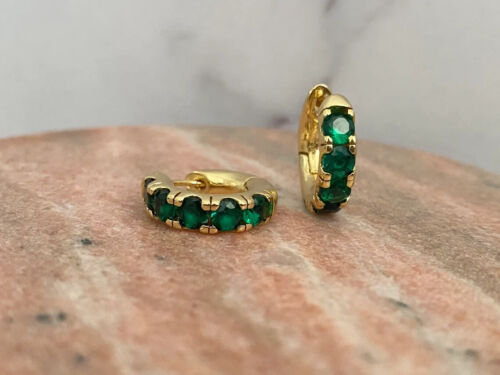 14K Yellow Gold 0.50CT Natural Green Emerald Small Huggie Hoop Earring for Women - Picture 4 of 12