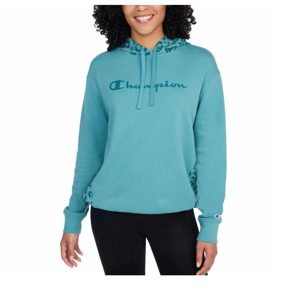 Champion Logo Print Women's Color Block Draw Cord Hoodie NWT Teal Blue XXL