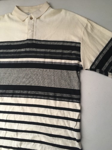 Vintage 80s JJ COCHRAN LONG SLEEVE STRIPED POLO SHIRT Cream Black USA L - Picture 9 of 12
