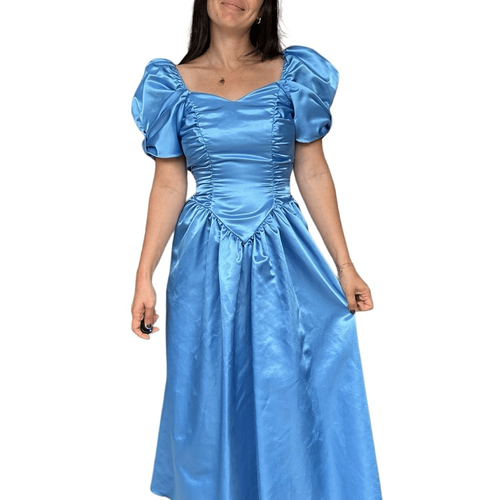 Vintage 70s 80s Blue Victorian Bubblegum Prom Dress Puff Sleeve Size 4 Satin - Picture 9 of 9