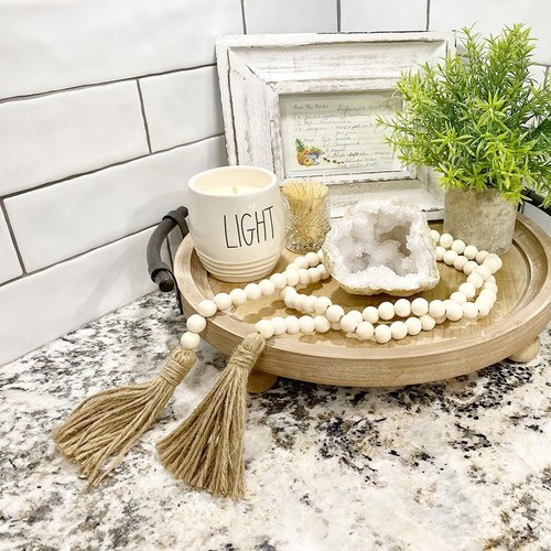 58 inches Natural Wood Bead Garland with Tassels Farmhouse Rustic Country Beads - Picture 3 of 9