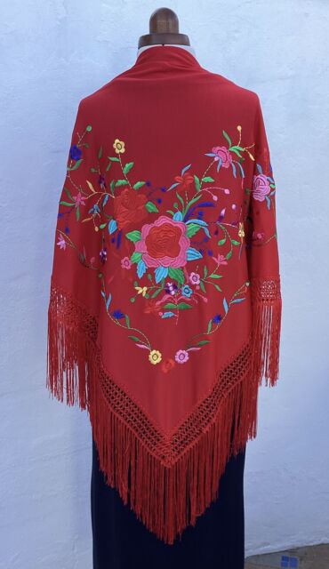 NWOT Spanish Flamenco Gypsy Shawl Red with Floral Embroidery Triangular NWOT Spanish Flamenco Gypsy Shawl Red with Floral Embroidery Triangular
