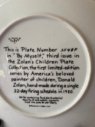 Zolan's "By Myself" 8.5" Children Collector Plate 1980 Pemberton Oakes - Imagen 4 de 6