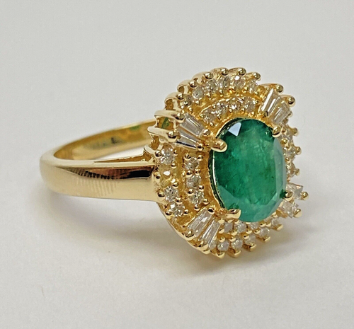 Effy Baguette & Diamond & 1.25 ct Oval Green Emerald Stone 14K Yellow Gold Ring - Picture 3 of 24