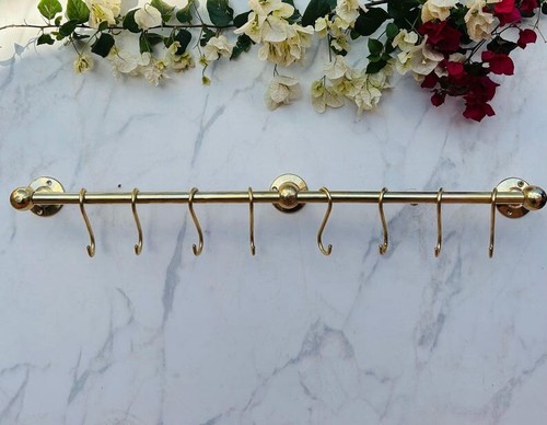 Solid Brass Hanging Pot Rack – Antique Brass Kitchen Rail with Hooks, Wall-Mount - Picture 7 of 8