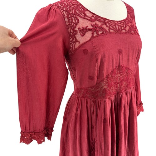 Free People Womens 8 Montana Dress Red Lace Embroidered Fit & Flare Western Boho - Picture 3 of 9
