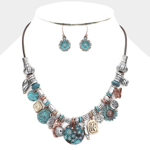 NEW Copper Patina Silver Multi Tone Metals Sunflower Charms On Cord Necklace Set - Picture 1 of 2