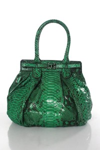 ZAGLIANI-Green-Python-Pleated-Double-Handle-Turn-Lock-Satchel-Handbag-New