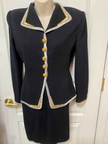 St John Evening Vintage Anzug schwarz Strick verziert Blazer und Rock Größe 6 - Bild 1 von 15