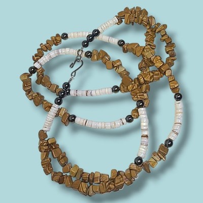 2-Strand Tiger's Eye Chip Necklace w/ Heishi Shell Beads Vintage Boho 22''