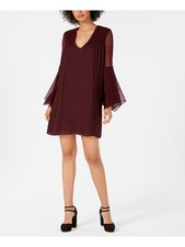 AVEC LES FILLES Womens Burgundy Lace Sleeve V Neck Mini Shift Dress 2