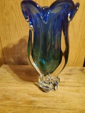 Vtg 1990s Royal Gallery Poland Art Glass Tulip Vase Heavy Blue Green 9 1/4"