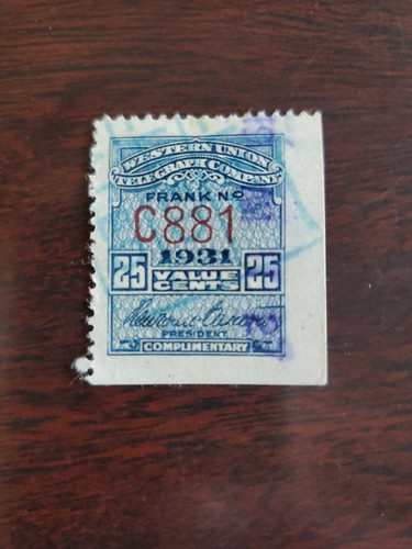 Western Union Telegraphic Company 1931 25 cents Stamp - Picture 1 of 2