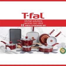 T-fal Kitchen Solutions Ceramic, 22 Piece Cookware Set, Red