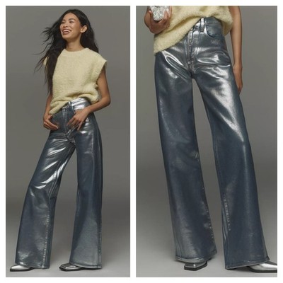 Anthropologie Size 33 Joe's Jeans Mia Silver Foil High Rise Wide Leg Jeans NWT