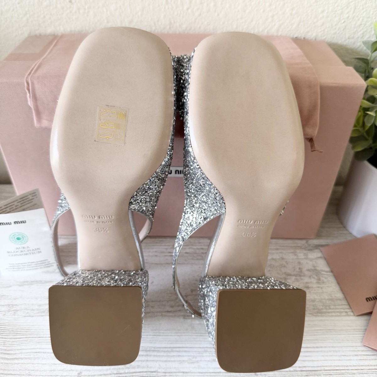 New Miu Miu Silver Glitter Heeled Women's Shoes size 36.5, US 6.5