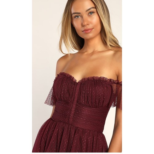 Lulus Regal Radiance Burgundy Tulle Bustier Midi Dress Size XL - Picture 9 of 13