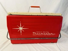 Old Vtg 1950’s Poloron Products Thermaster Cooler Red White Fiberglas Insulated
