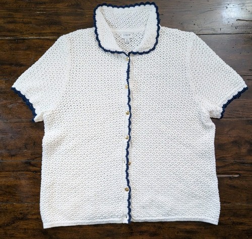 J. Cárdigan Crew Mujer XL Manga Corta Crochet Suéter Marfil Hormiga Azul Marino  - Imagen 1 de 8