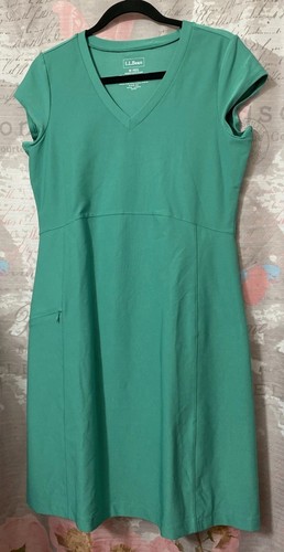 LL BEAN Dress Womens M Teal Green Athletic Short Sleeve Sheath Zip Pocket V Neck