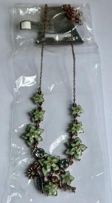17  Necklace Pilgrim Danish Design Unopened Floral Enamel Crystal