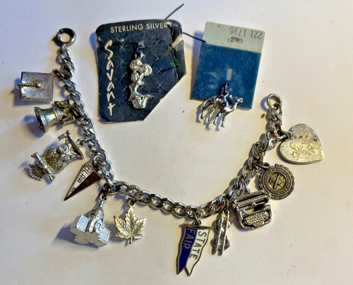 Vintage 1960s Sterling Silver Charm Bracelet 13 Charms 42.37 Grams 7.5" - Image 1