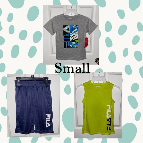 Boys (3pc) Fila Lime Tank-Top, Gray T-Shirt & Navy Shorts Set Sz/ Small (8)