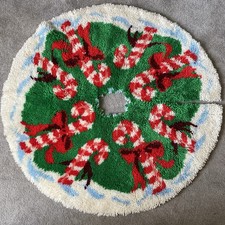 Vtg Hand Made Latch Hook Christmas Tree Skirt Rug With Candy Canes Holiday Decor