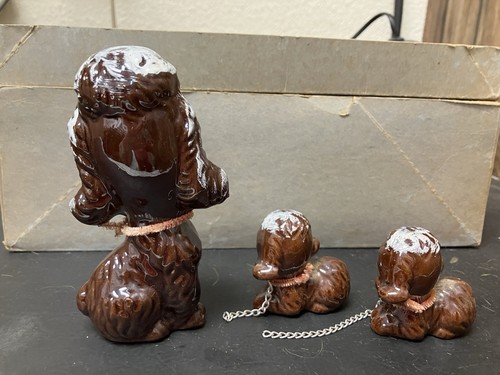 Vintage Redware chained poodle set with puppies Brown Poodles made in Japan dogs - Picture 5 of 5