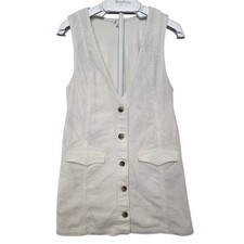 AE Ivory Corduroy V-Neck Mini Dress S Button Front Cottagecore Grannycore Pocket