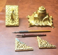 Vintage Brass S K Co. Art Nouveau Inkwell, Roller Blotter,pens -  Ornate Etching