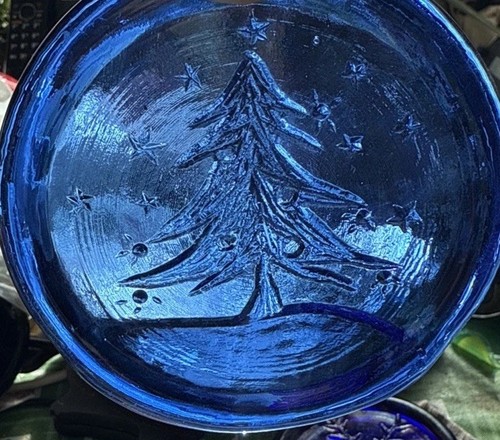 Menge 4 Vintage Pressglas Kobaltblau Sonnenfänger, Schneeflocke, Baum Untersetzer - Bild 4 von 14