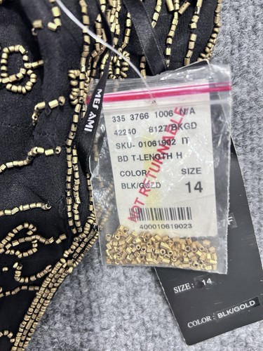 Abito Mes Ami in seta con perline 14 nero oro lunghezza tè bodycon - Foto 3 di 21