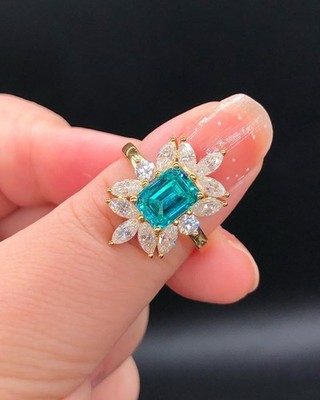 Aquamarine Color Emerald Cut Simulated CZ Prong 925 Sterling Silver Wedding Ring