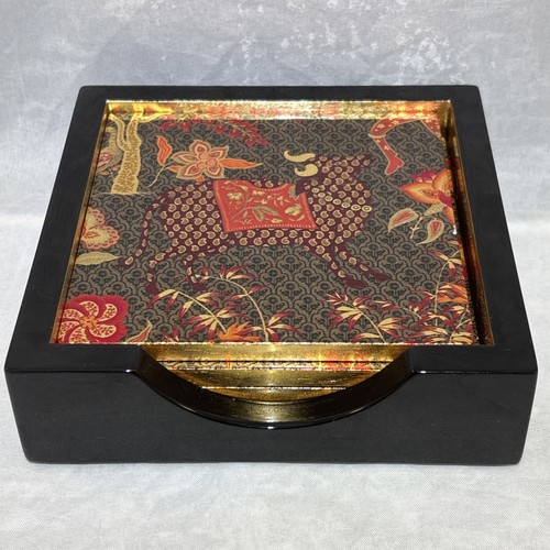 Pierre Frey Le Jardin De Mysore Lacquerware 4 Coaster Set by Caspari Gold Leaf - Picture 4 of 19