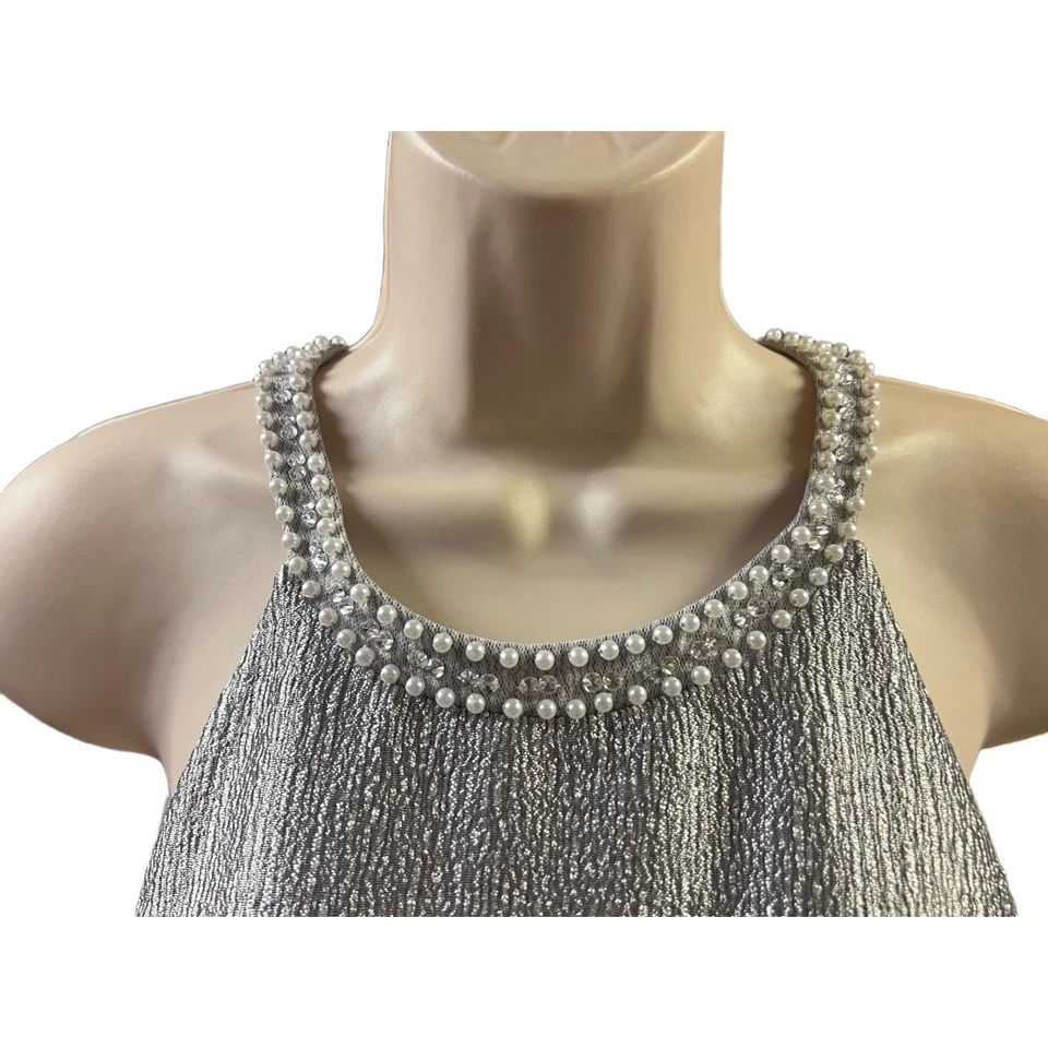 Vestido Jennifer Lopez Mujer Talla 10 Plateado Calce Y Acampanado Halter Perla Glam Fiesta Foto 3 de 4