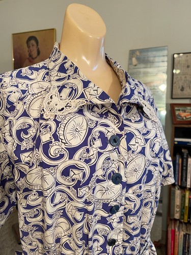 Vintage 1940's DEADSTOCK FAB Print Belted Cotton Shirtwaist Dress L XL - Picture 2 of 8