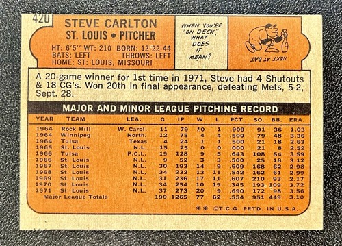 1972 Topps STEVE CARLTON #420 MLB HOF St. Louis Cardinals - Picture 2 of 4