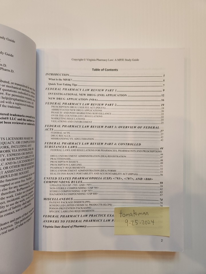 Virginia Pharmacy Law A MPJE STUDY GUIDE First Edition eBay