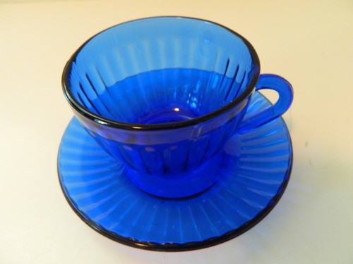 COLOREX COBALT BLUE RIBBED CLEAR GLASS  CUP & SAUCER. MADE IN BRAZIL - Bild 1 von 9